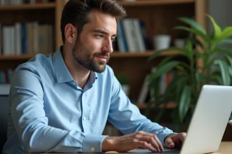 Homme de 35 ans consultant son allocation ETF sur ordinateur portable dans un bureau à domicile