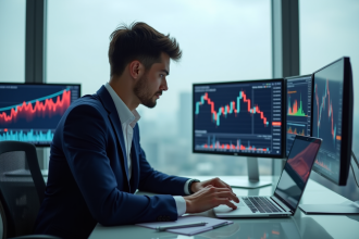 Jeune homme en costume analysant des graphiques crypto