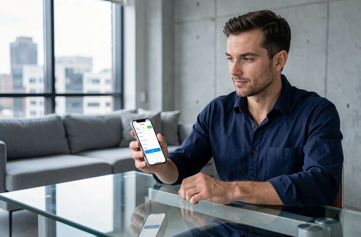 Homme consultant les paramètres de prélèvement automatique Free sur son smartphone dans un appartement moderne