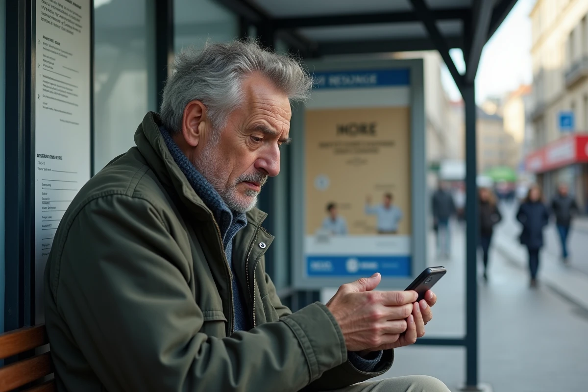 Homme inquiet attendant à un arrêt de bus en milieu urbain français