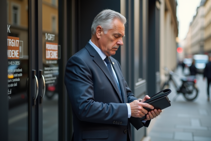 Homme d'âge moyen devant une banque à Paris vérifiant sa montre