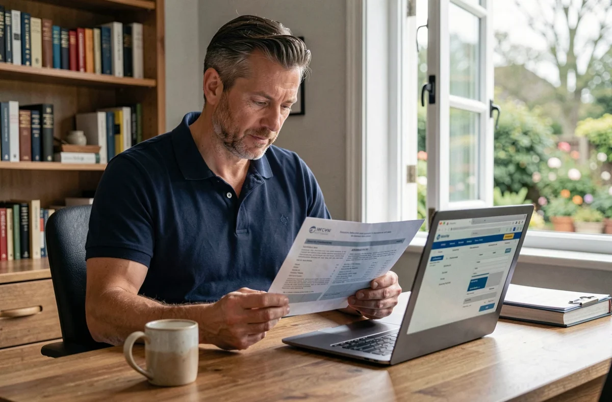 Homme comparant une attestation d'assurance voyage Visa Premier sur son bureau à domicile