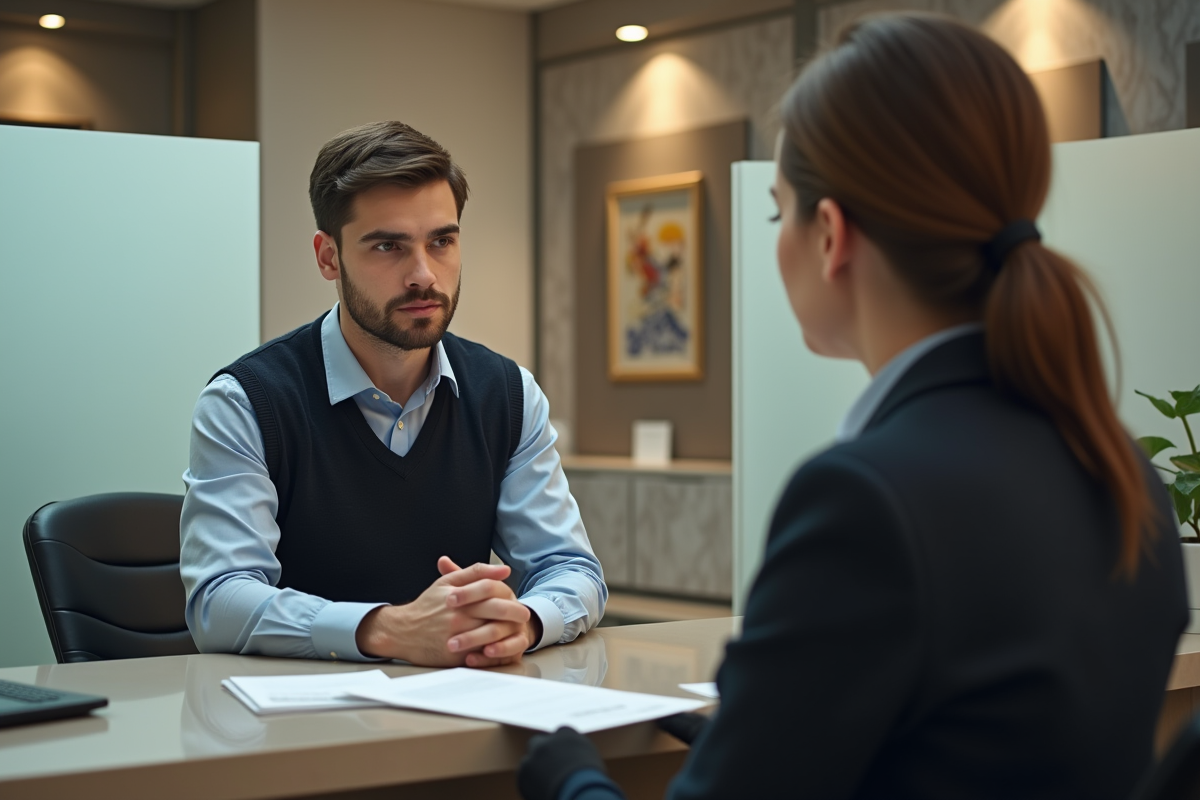Jeune homme parlant avec un conseiller bancaire dans une banque
