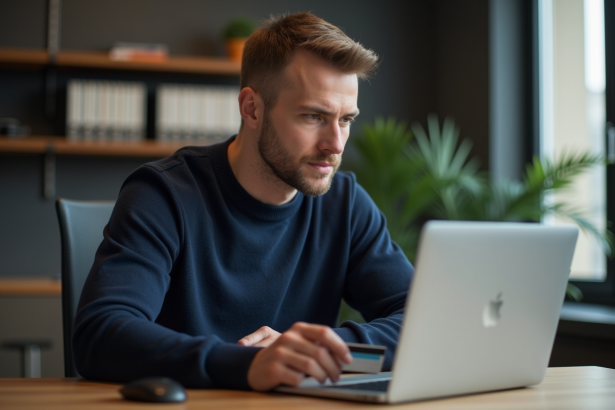 Homme concentré utilisant son ordinateur dans un bureau à domicile