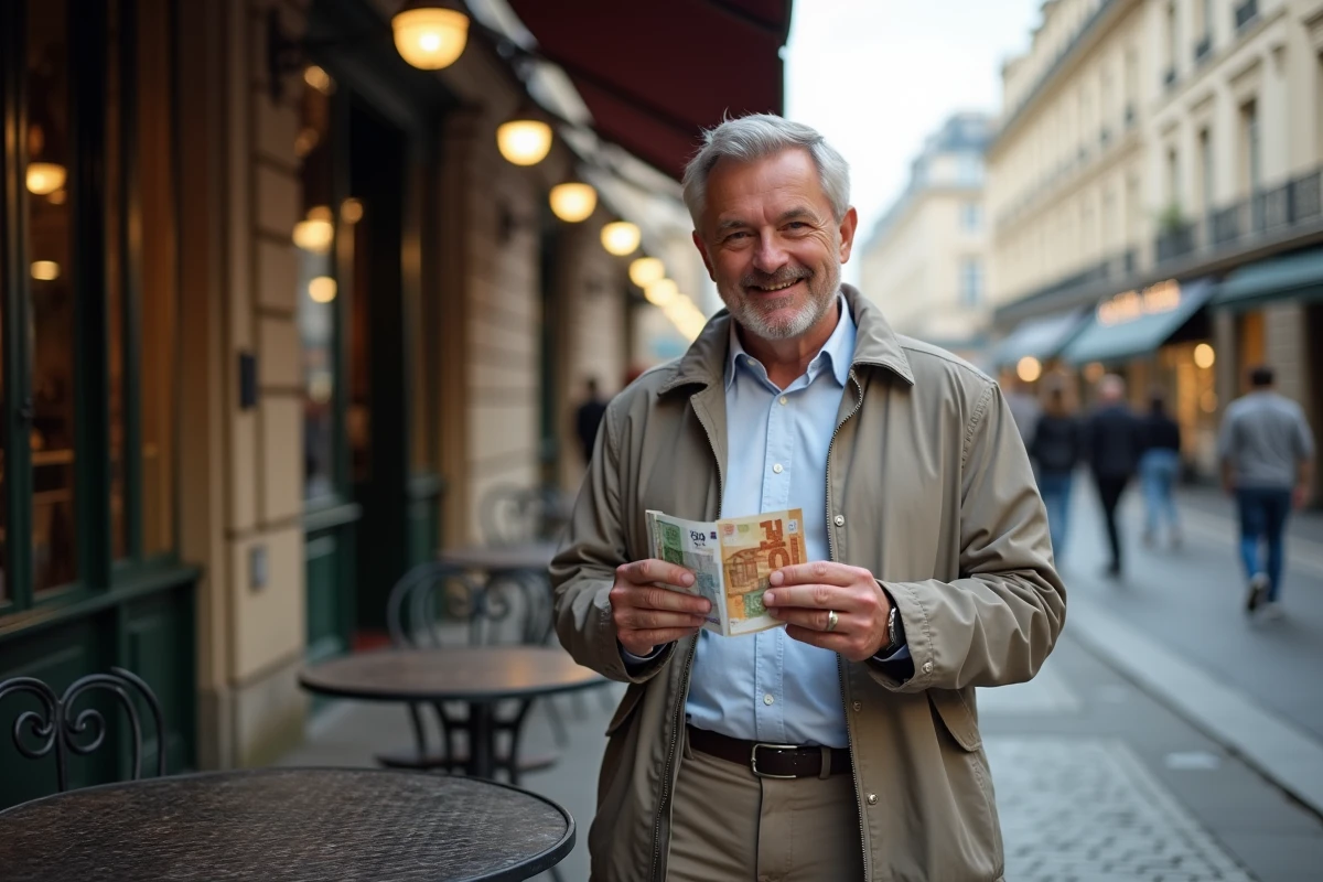 Homme souriant comparant billets dans un café parisien