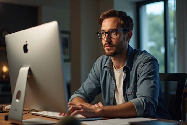 Homme concentré devant un ordinateur avec graphiques boursiers