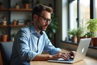 Homme concentré sur son ordinateur dans un bureau moderne