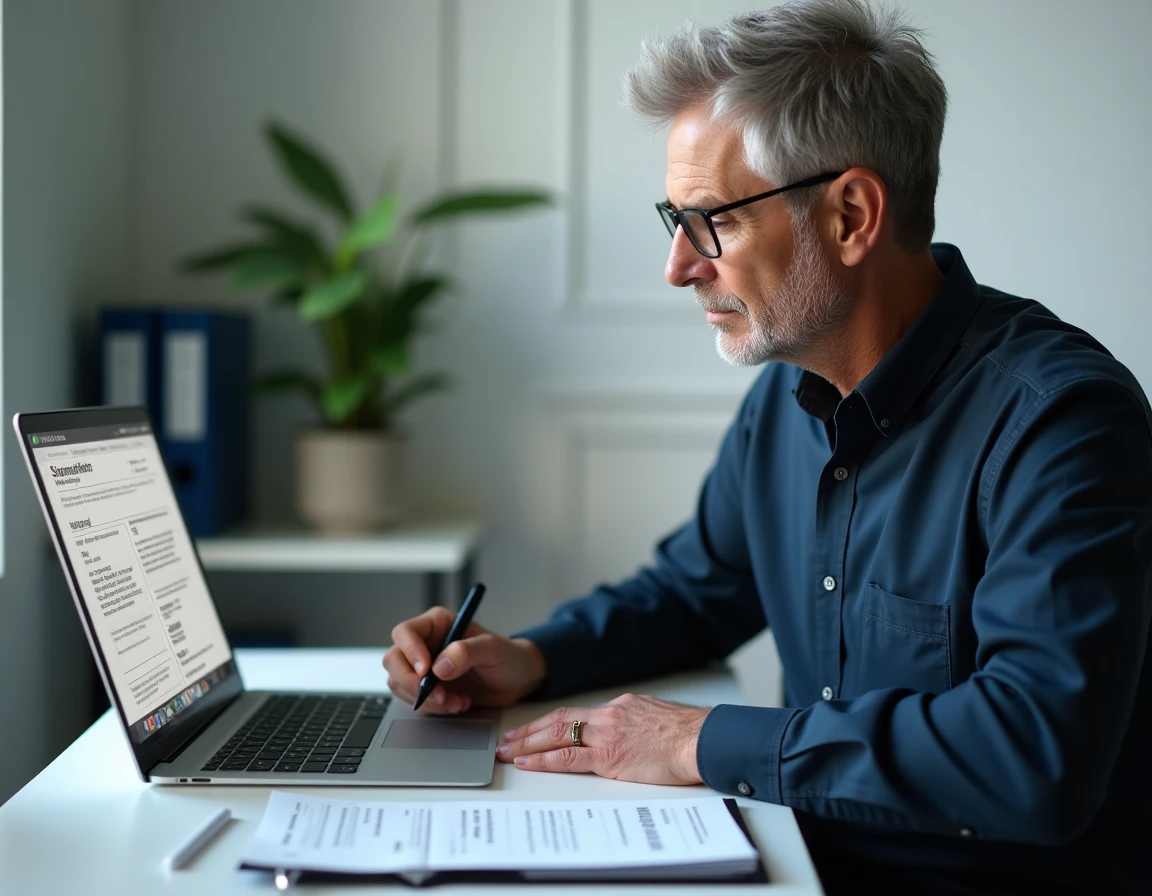 Homme calculant son allocation chômage ARE avec un document officiel et un ordinateur portable