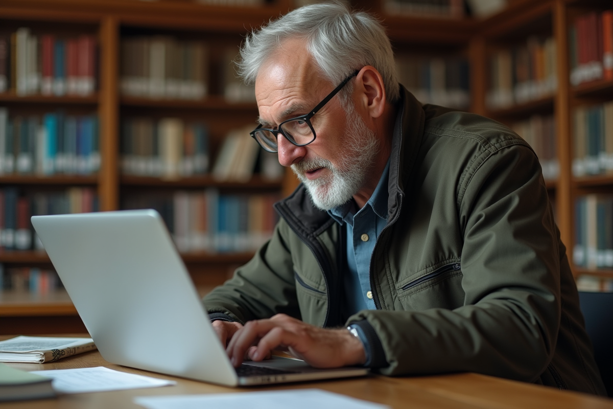 Homme utilise un calculateur de pension en bibliothèque