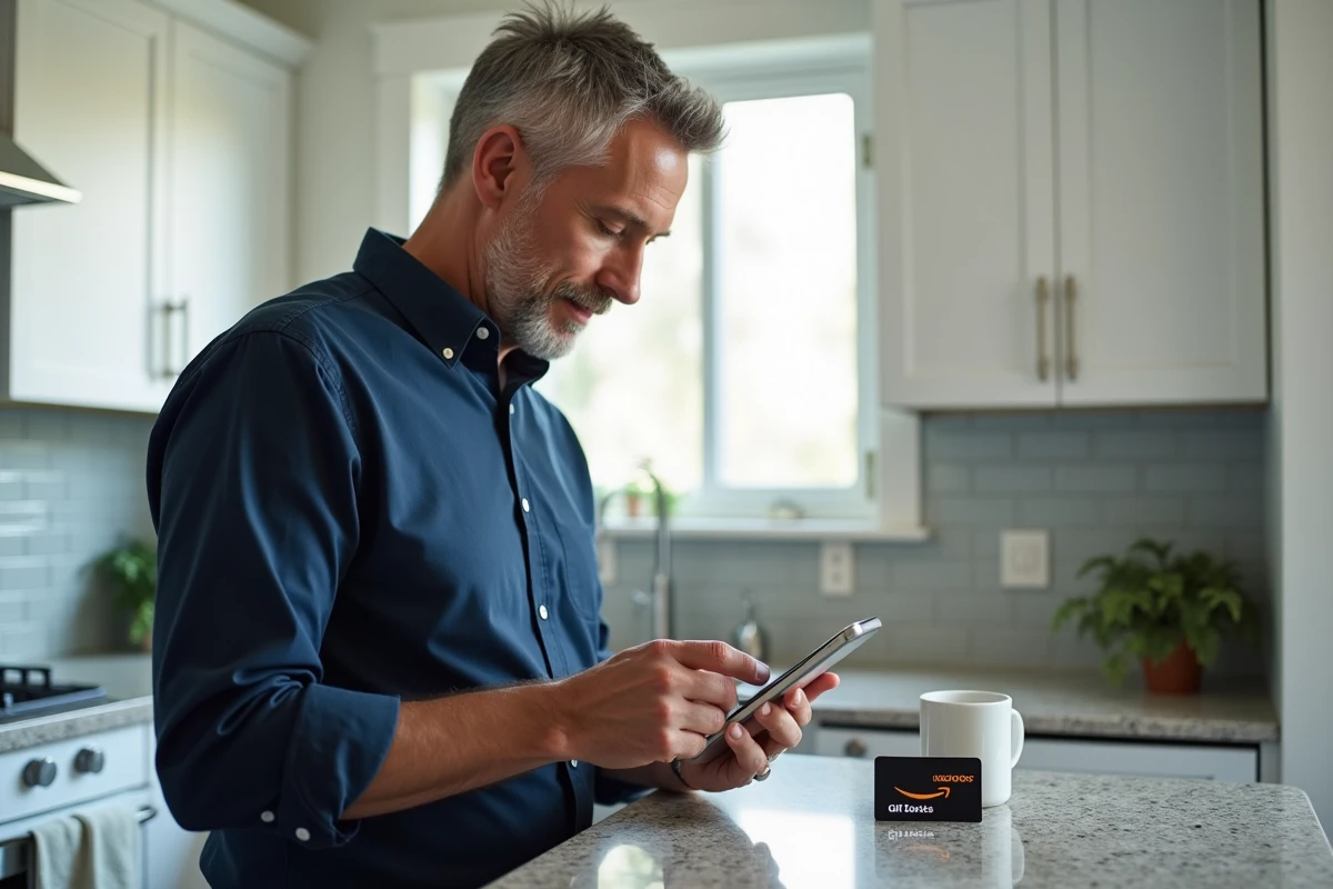 Homme consultant son téléphone avec une carte Kadeos Infini posée sur le comptoir de cuisine lors d'un achat Amazon