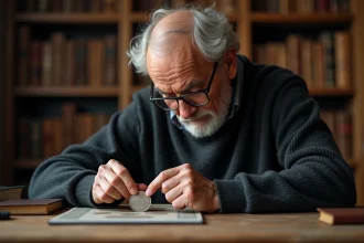 Homme âgé examinant une pièce de 50 Francs 1977