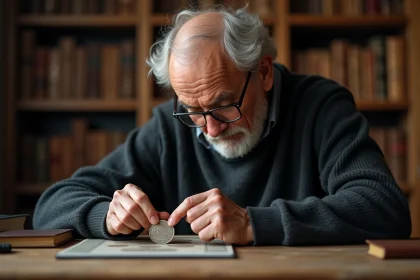 Homme âgé examinant une pièce de 50 Francs 1977