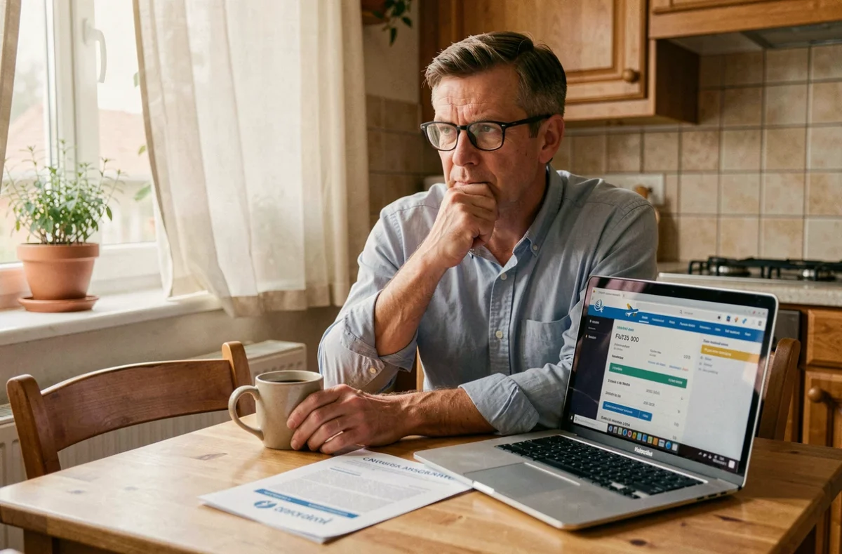 Homme comparant des offres d'assurance voyage sur son ordinateur portable à domicile avant de réserver un vol Ryanair