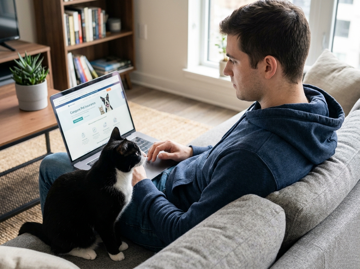 Jeune homme comparant des mutuelles pour chat sur un ordinateur portable avec son chat noir et blanc assis à côté de lui