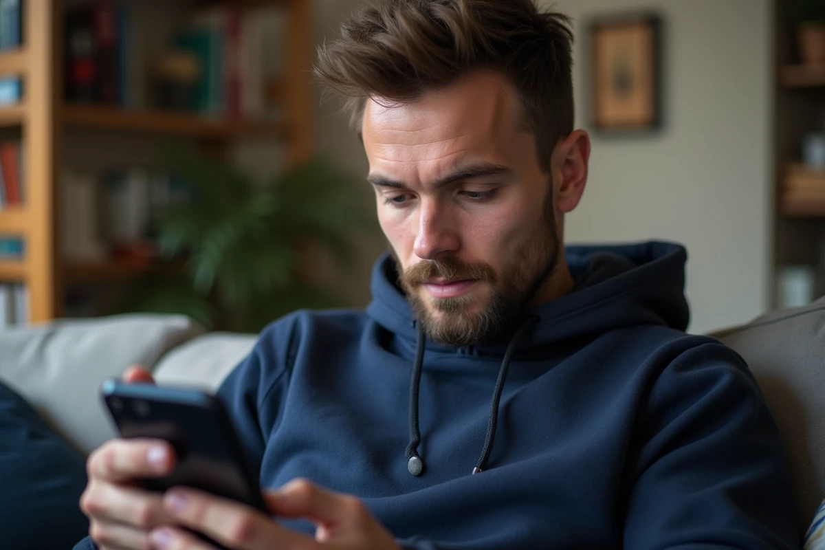 Homme consultant le calendrier de paiement CAF 2026 sur smartphone dans un salon modeste