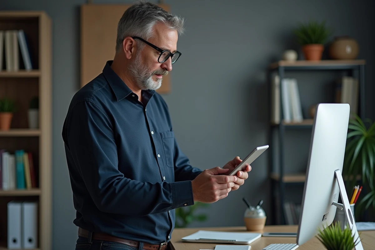 Homme consultant sa facture Free Mobile sur tablette depuis son bureau pour anticiper les paiements récurrents