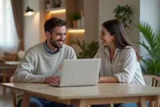 Homme souriant montrant un processus de parrainage sur son ordinateur portable