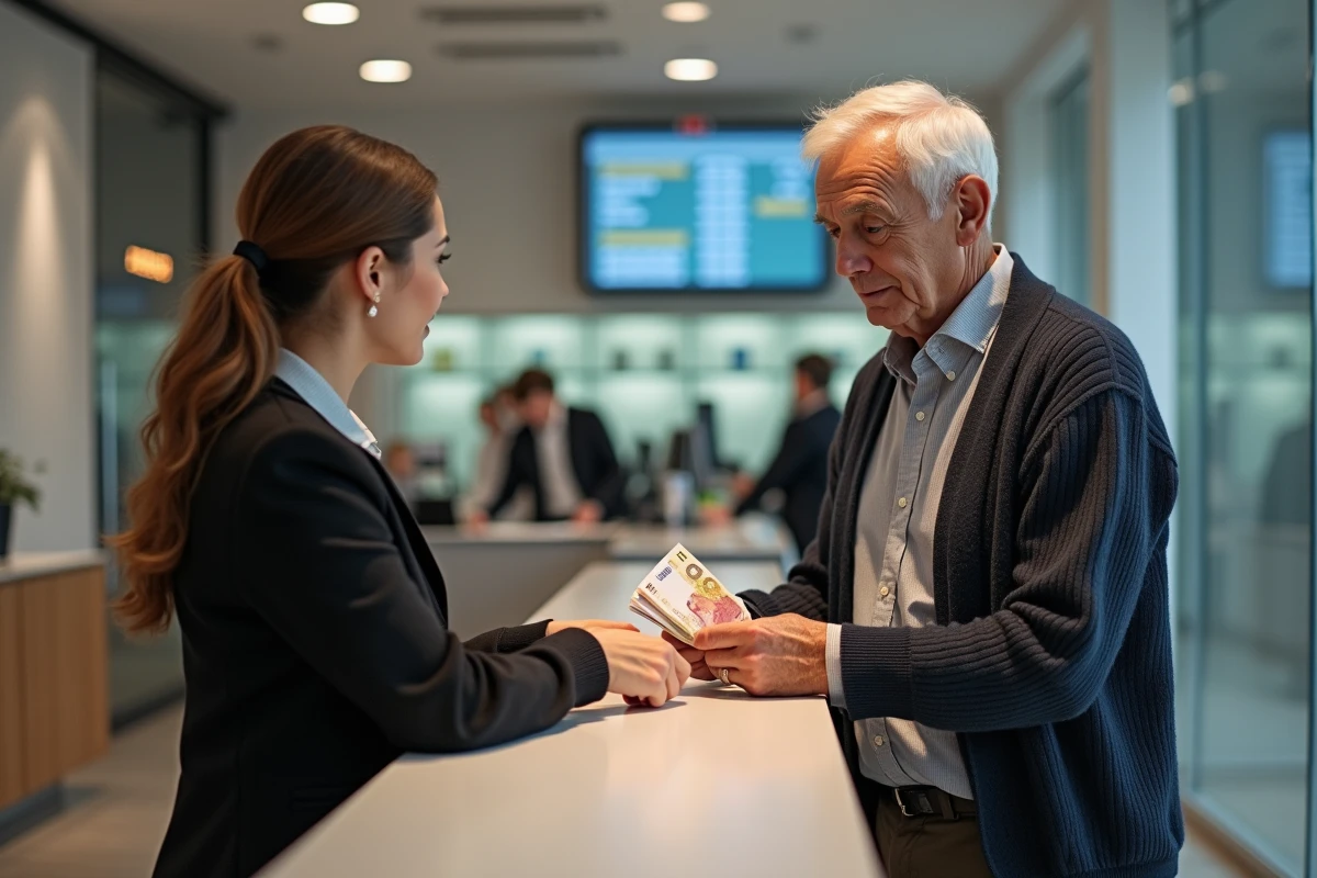 Homme âgé remettant des billets de franc à une caissière moderne