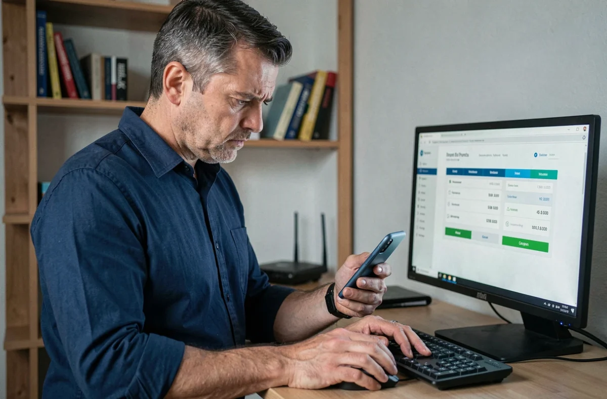 Homme frustré consultant l'espace client Free sur smartphone devant son écran d'ordinateur