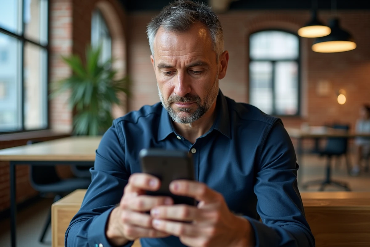 Homme contactant le support PayPal via formulaire en ligne sur smartphone dans un espace de coworking
