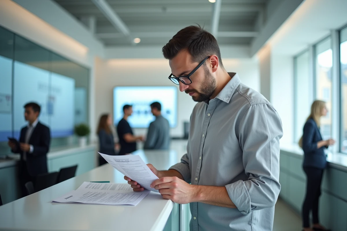 Homme examinant un formulaire de virement bancaire dans une agence La Banque Postale