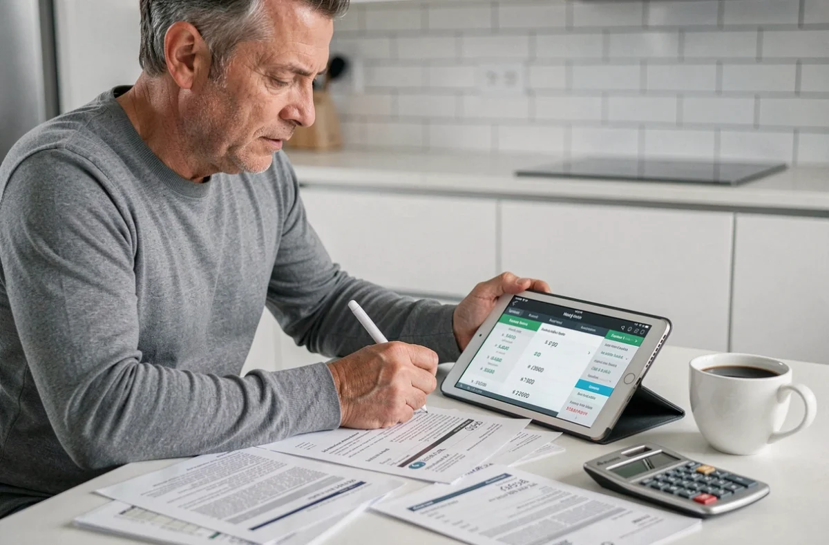 Homme analysant ses relevés bancaires et son application de budget sur tablette dans une cuisine moderne