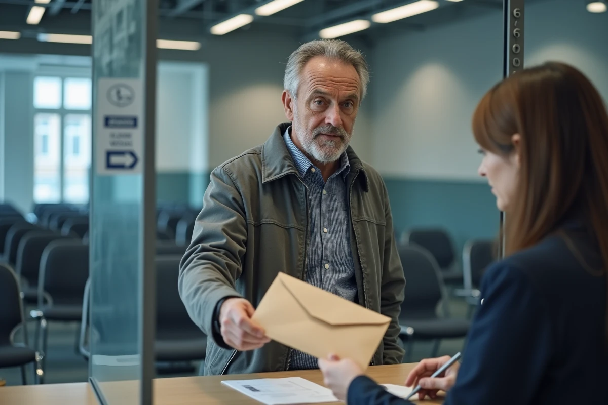 Homme remettant un document à un guichet administratif public pour régler une amende ou une créance fiscale