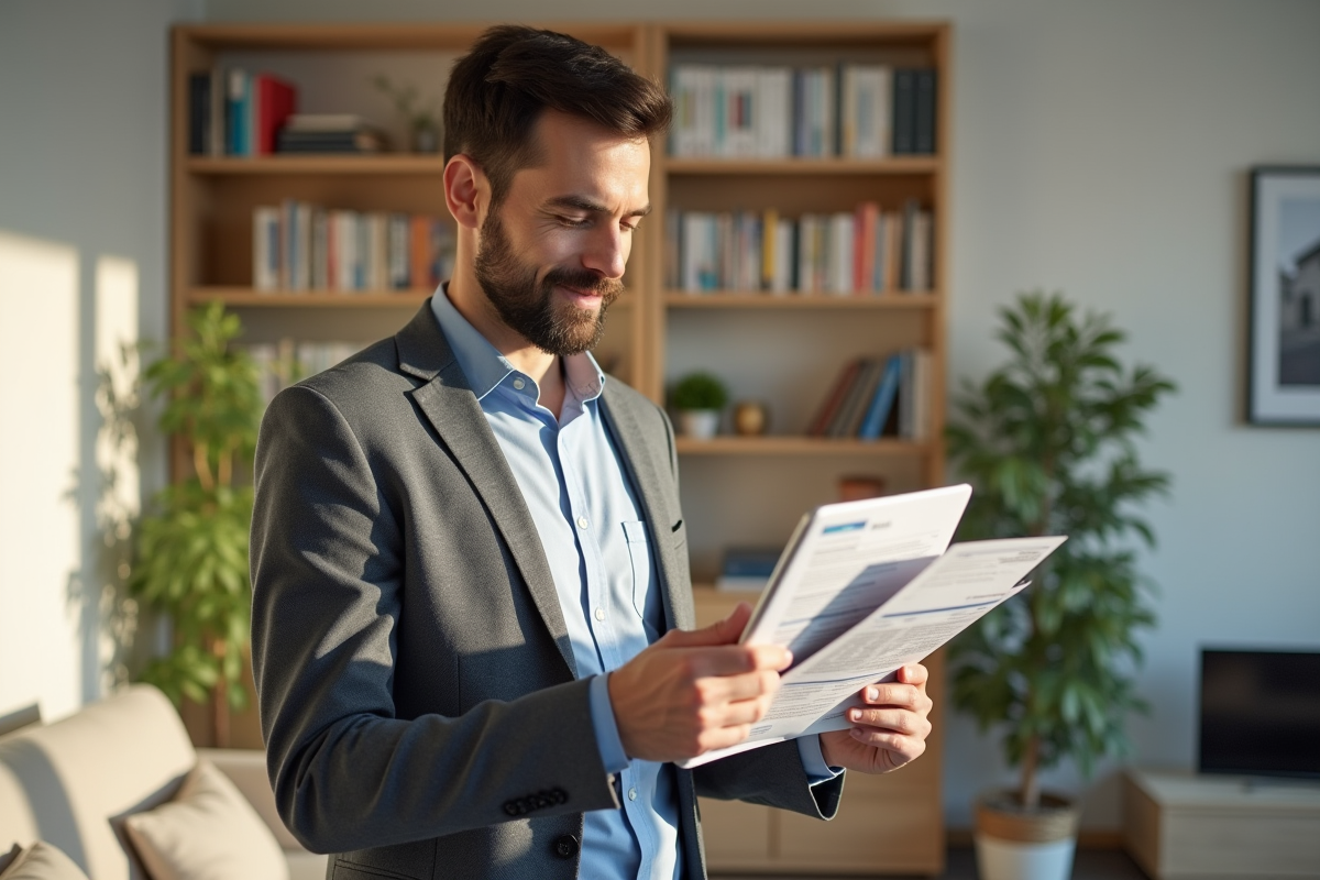Homme en train de lire des documents financiers dans le salon