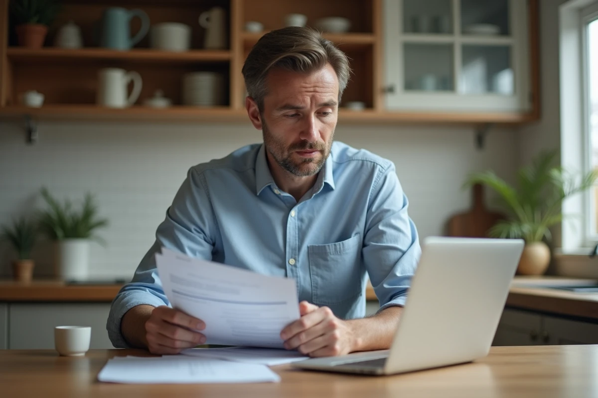 Homme d'âge moyen examinant des documents bancaires dans la cuisine