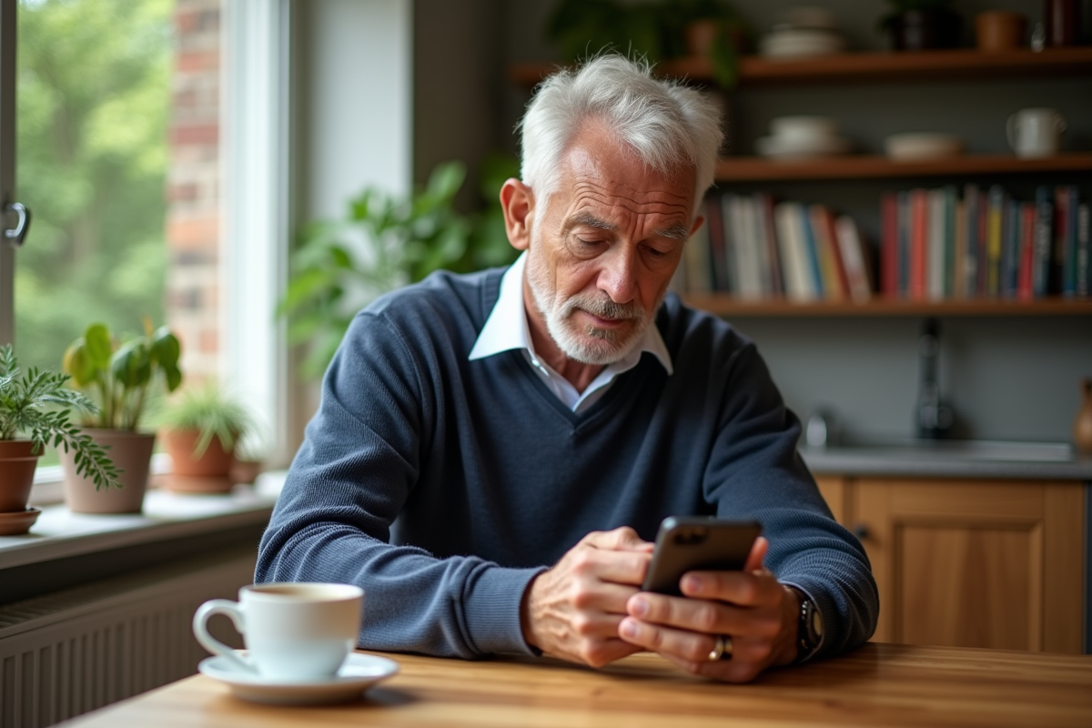 Homme âgé consultant des informations sur son smartphone à la maison