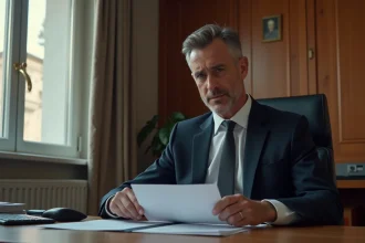 Homme en costume sombre tenant un document municipal dans un bureau