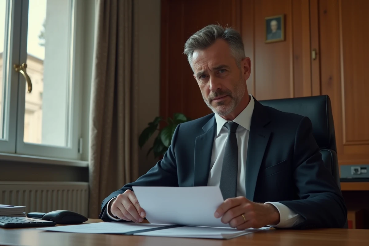 Homme en costume sombre tenant un document municipal dans un bureau