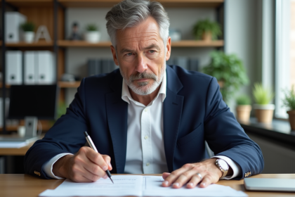 Homme d'âge moyen remplissant des papiers de retraite dans un bureau moderne