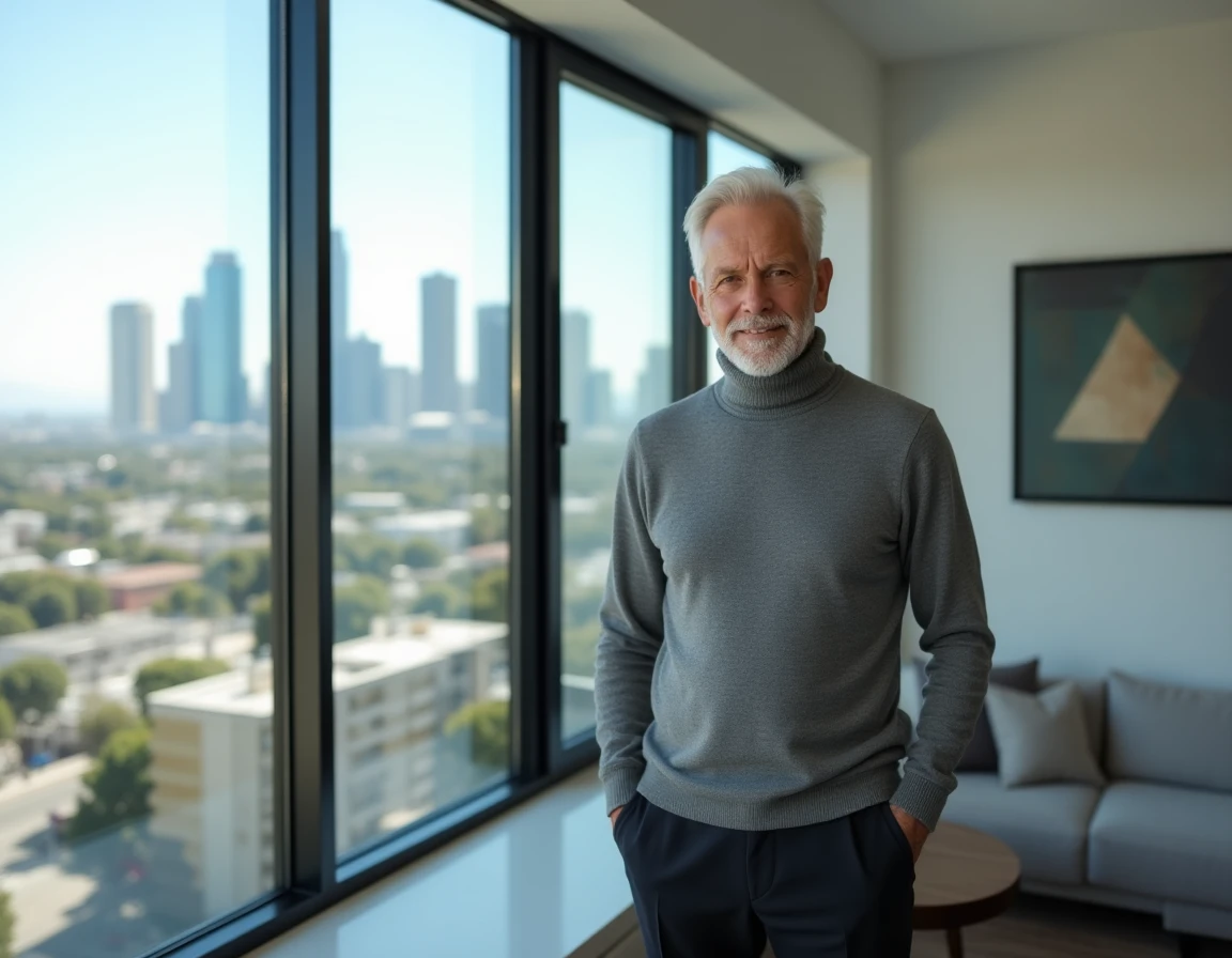 Homme mature en pull col roulé dans un penthouse de Los Angeles avec vue sur la ville, illustrant un patrimoine immobilier discret et opulent