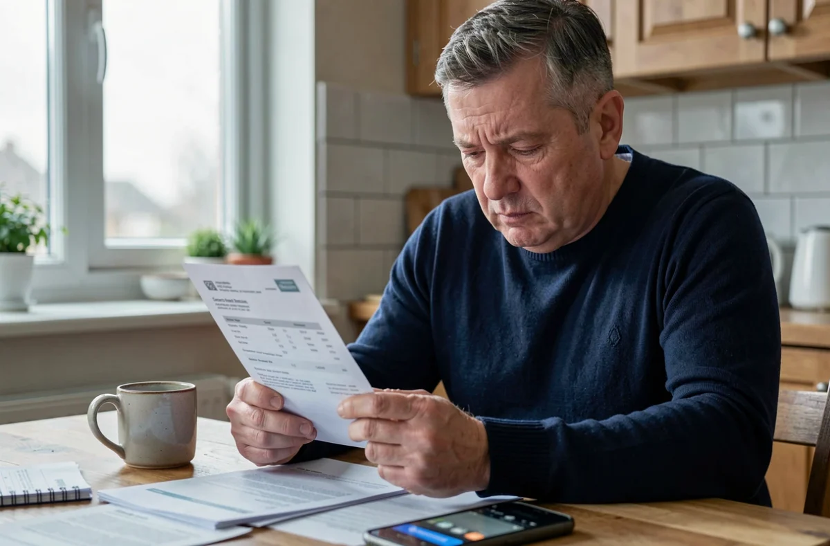 Homme consultant un relevé bancaire et une application de virement pour vérifier le libellé de paiement