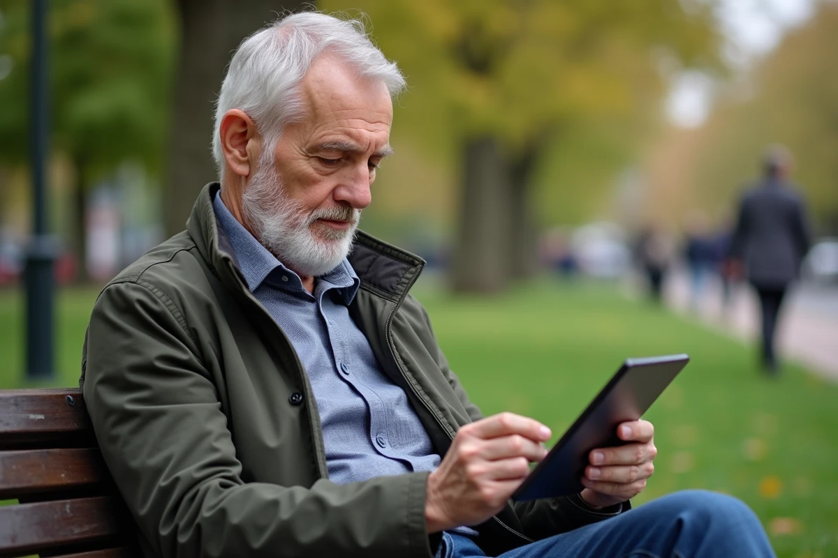 Homme retraité regarde son relevé de pension dans un parc