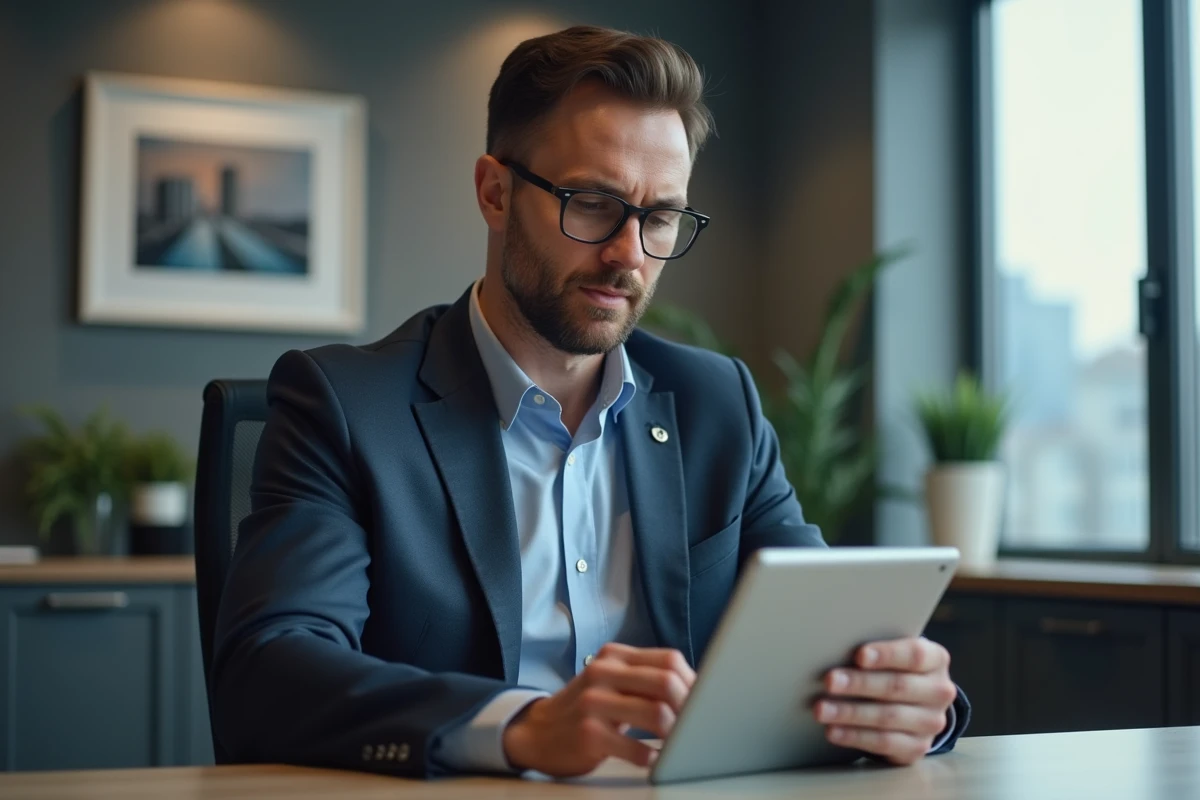 Homme d affaires vérifiant ses remboursements en ligne sur tablette