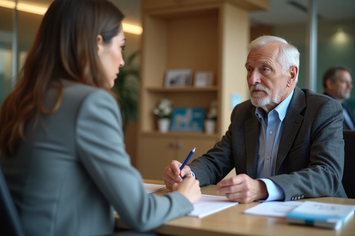 Homme retraité consultant un conseiller bancaire dans un bureau