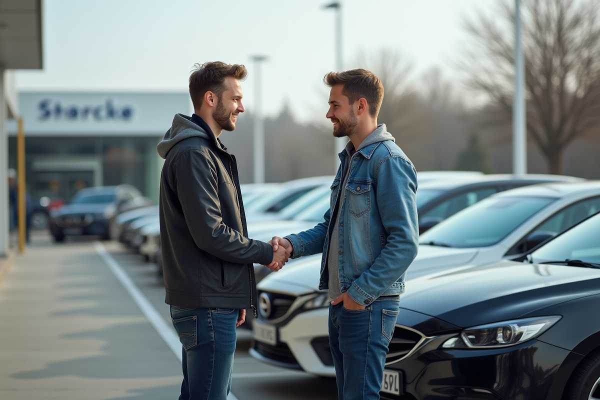 Homme serrant la main du conseiller automobile en extérieur
