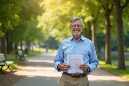 Homme souriant en retraite dans un parc ensoleille