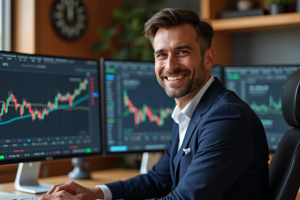Homme en costume cravate dans un bureau hightech crypto
