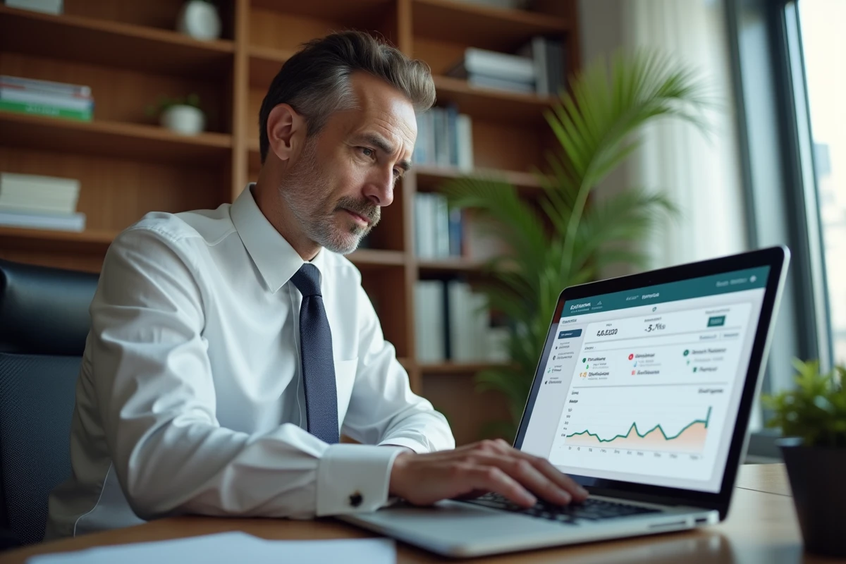 Homme consultant son tableau de bord de surveillance de crédit sur ordinateur portable à domicile
