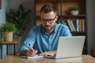 Homme de 30 ans travaillant sur son ordinateur dans un intérieur moderne