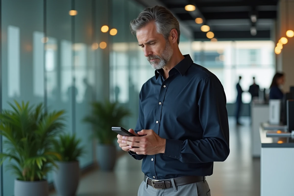 Homme vérifiant ses transactions bancaires sur smartphone dans une agence pour contrôler ses dépenses après un remboursement