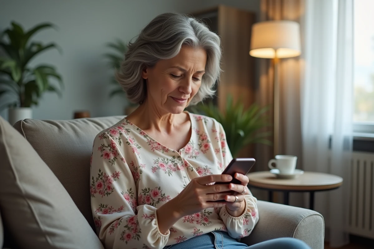 Femme utilisant son smartphone pour retrouver son identifiant La Poste Banque en ligne