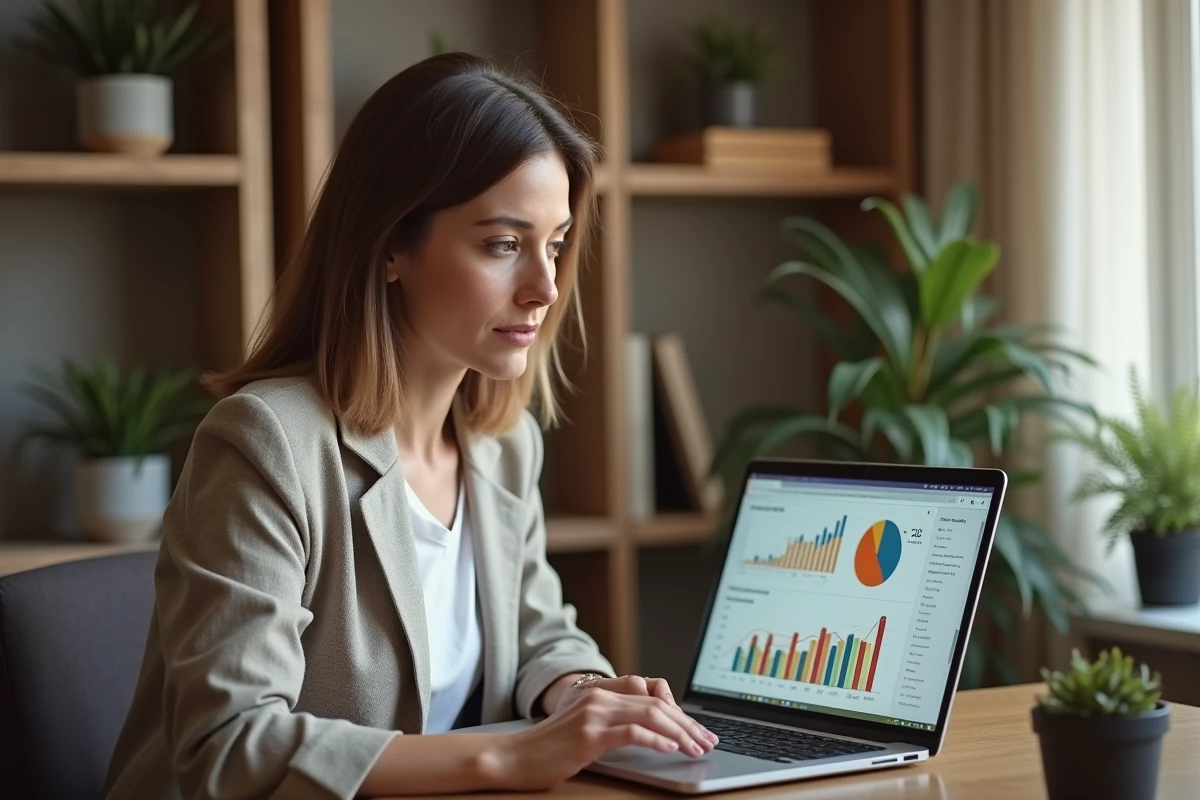 Indépendante analysant des données SEO sur un laptop dans un bureau à domicile pour optimiser sa visibilité en ligne