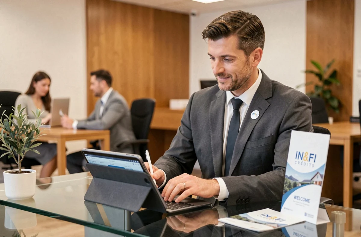 Conseiller IN&FI Crédits consultant une demande de prêt immobilier sur tablette dans une agence moderne