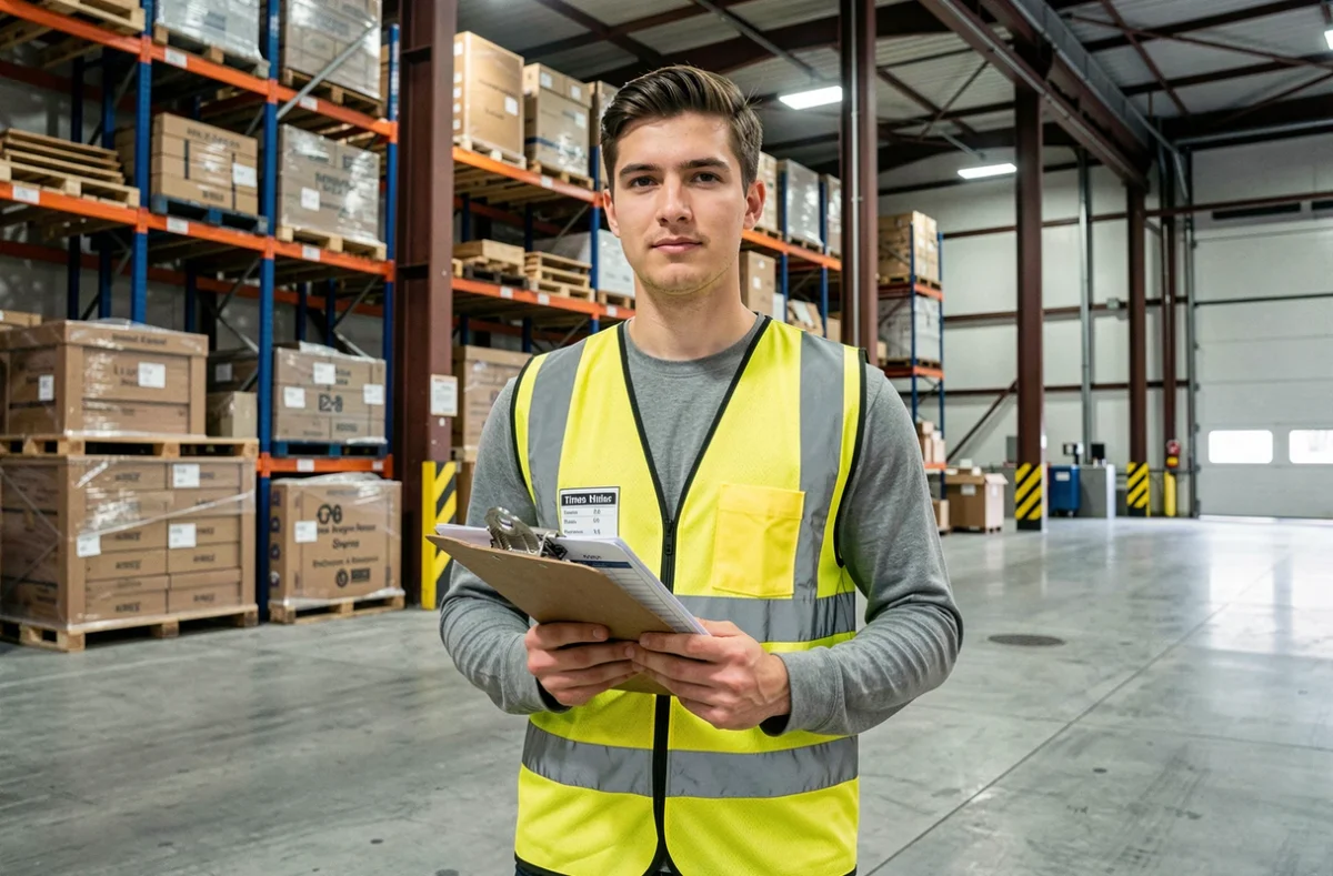 Jeune intérimaire en gilet de sécurité tenant un relevé d'heures dans un entrepôt logistique