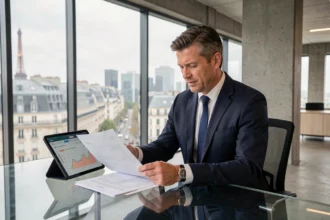 Investisseur immobilier analysant les performances de la SCPI Primopierre sur une tablette dans un bureau moderne parisien