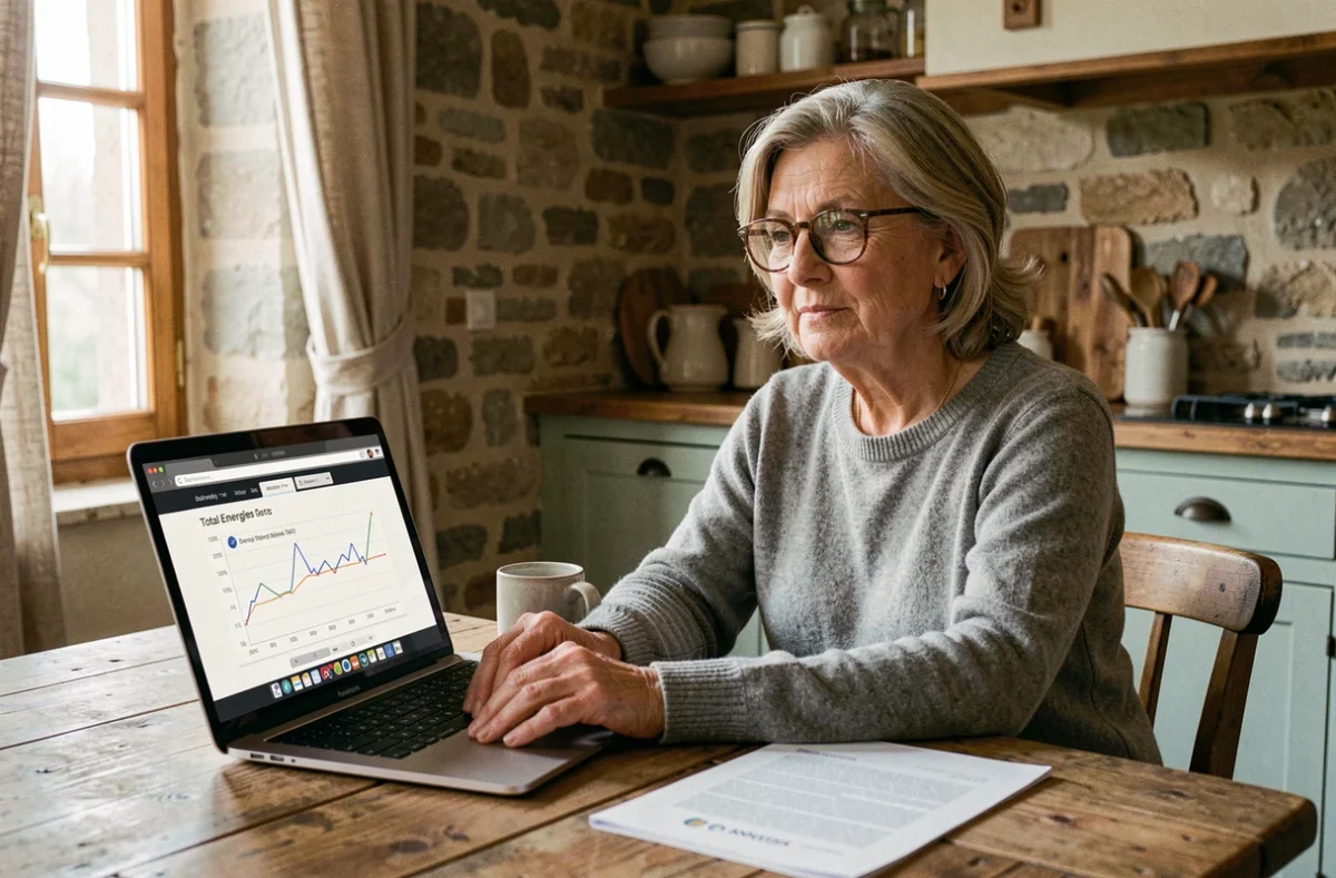 Investisseuse analysant l'historique des dividendes de Total Energies depuis son domicile avec un graphique sur ordinateur portable